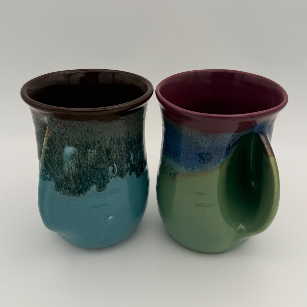 Clay In Motion Signed Neher Right Hand Handwarmer Mugs Set of 2 Artisan Pottery - Picture 7 of 10